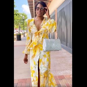 NEW Yellow Floral Print Maxi Dress with Front Slit